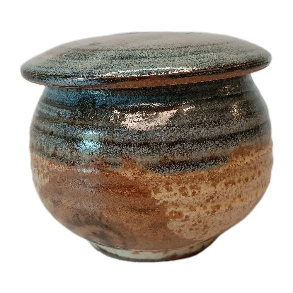 Sherwood Pottery Blue Lidded Jar Brown Swirl Jam Jar Or Trinket Box 3.5